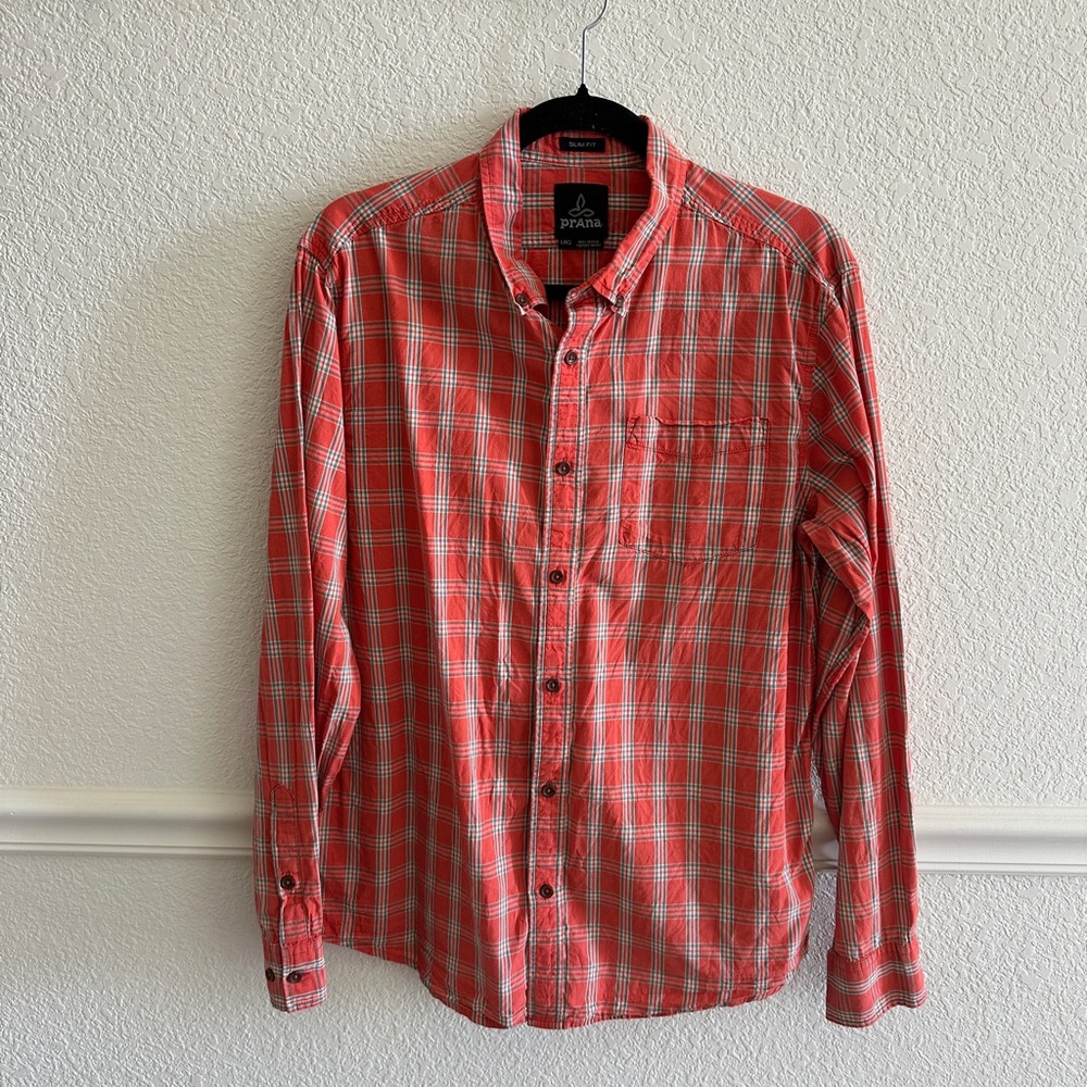 Prana Orange and White Checkered Button-Down Shirt